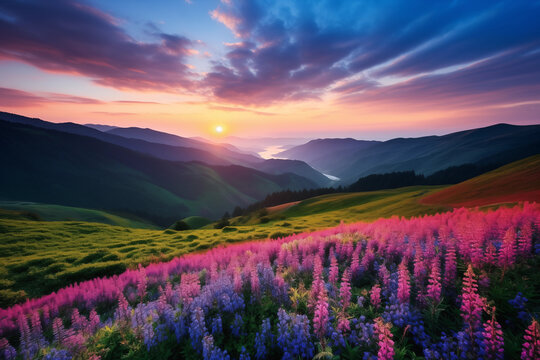 Beautiful Valley of flowers National Park in india at sunset, Vacation travel, Peaceful nature landscape