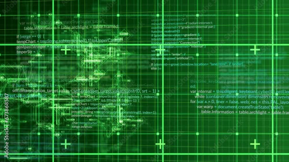 Aufkleber animation of data processing over grid and dark background