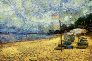The island beach landscape is an impressionist style painting.
