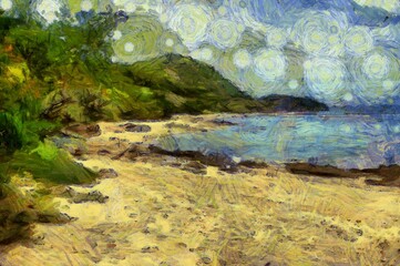 The island beach landscape is an impressionist style painting.