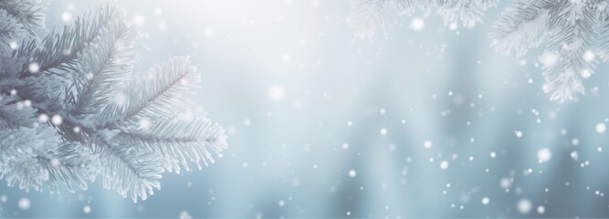 beautiful winter background with frosted spruce branches, pristine snow drifts, and enchanting bokeh lights