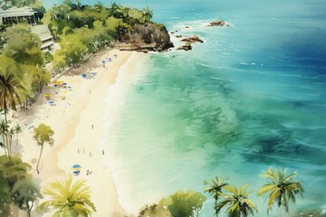 Watercolor illustration of beach scenery from above. Generative AI