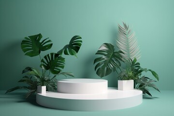 Podium with foliage for showcasing products. Generative AI
