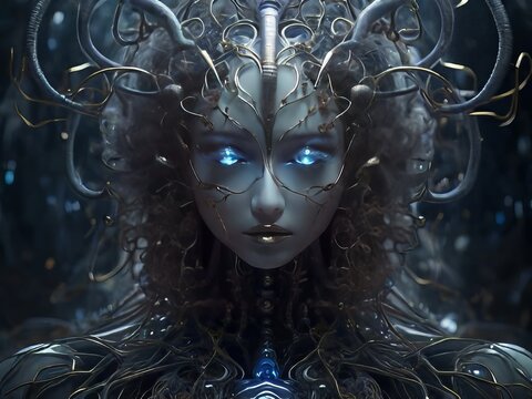 La imagen, una obra de arte digital meticulosamente elaborada, captura a la deidad