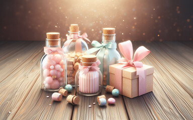 cute decorations In sweet colors on a wooden table jars glass bottles Christmas gift boxes New Year...
