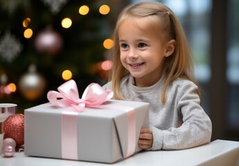 Fototapeta na wymiar Happy girl holding a New Year's gift
