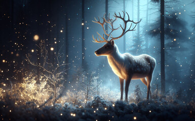 Elk or reindeer stag in a magical forest with sparkling lights antlers beautiful realistic deer Natural landscape background in winter forest - Powered by Adobe