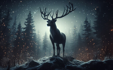 Elk or reindeer stag in a magical forest with sparkling lights antlers beautiful realistic deer Natural landscape background in winter forest - obrazy, fototapety, plakaty