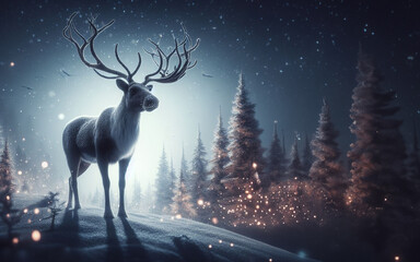 Elk or reindeer stag in a magical forest with sparkling lights antlers beautiful realistic deer Natural landscape background in winter forest