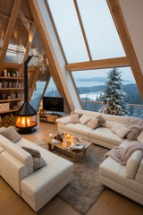 Modern style with a living room fireplace and a winter landscape outside the window.  AI generation