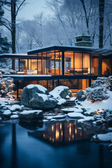 House with large panoramic windows in a snowy forest and lake