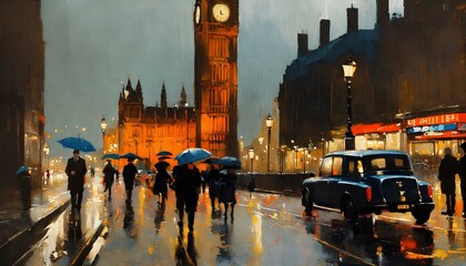 ロンドンの街を描写した絵画、雨に濡れた美しい街｜A painting depicting the city of London, a beautiful city soaked in the rain. Generative AI - obrazy, fototapety, plakaty