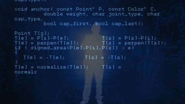 Animation of data processing over human silhouette on blue background