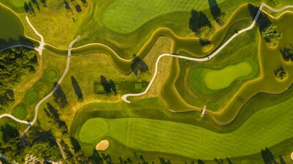 View of a lush, green golf course surrounded by trees, creating a picturesque scene © Wirestock