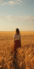 Woman standing still in golden wheat field