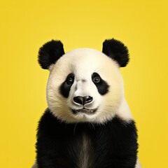 portrait of a panda bear on yellow studio background