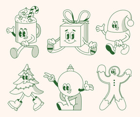 Christmas and New Year retro cartoon characters set. Christmas tree, coffee drink, bauble, present. Merry xmas Vector mascot groovy illustration in trendy vintage comic style isolated on background