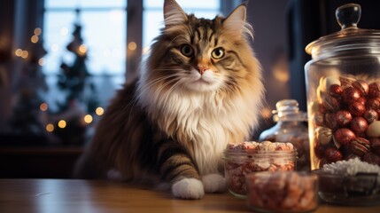Norwegian forest cat stealing gingerbread cookies from the table on Happy New Year. Norwegian forest cat. Horizontal banking poster background for ad. Photo AI Generated