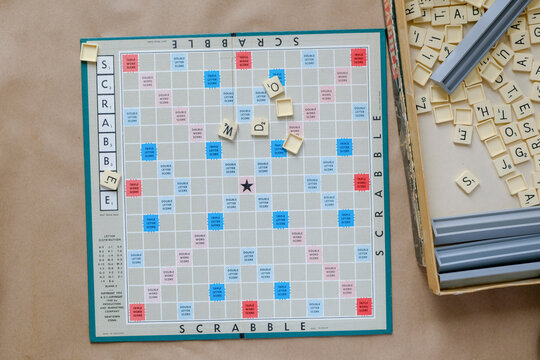  Scrabble game board. A classic American game. Board games and family entertainment. Lviv city, Ukraine, February 2021.