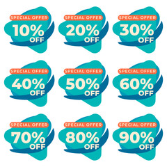 SET SALE TAG BADGE TEMPLATE FLAT COLOR DESIGN. OFFER WITH DIFFERENT DISCOUNT FROM 10, 20, 30, 40, 50, 60, 70, 80, 90 PERCENT OFF.MODERN DESIGN VECTOR FOR YOUR BUSINESS