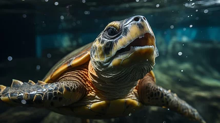 Foto op Plexiglas Underwater shot of a sea turtle among plastic trash, Concept: illustration of the environmental problem of ocean plastic pollution, marine fauna conservation and the fight against plastic waste © Marynkka_muis_ua