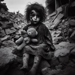 poignant of  little girl portraying the emotional toll of war stands in front of destroyed building