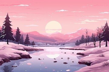 pink snowy winter landscape by lake illustration
