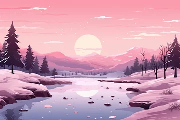 Fotobehang pink snowy winter landscape by lake illustration © krissikunterbunt