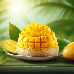 Mango sticky rice in a Thai dessert dish,Thai food