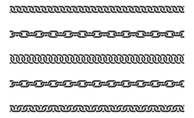 Set seamless chain link. Different chains silhouette black and white isolated on background. Chainlet line design elements.