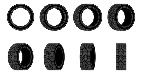 Car tire vector icon. Different angles tires wheel. Flat design. - obrazy, fototapety, plakaty