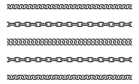 Set seamless chain link. Different chains silhouette black and white isolated on background. Chainlet line design elements.