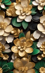 Luxury floral seamless with flowers elegant leather texture illustration background in golden, green, white, and black colors. 3d abstraction wallpaper mural wall art decor, Generative AI