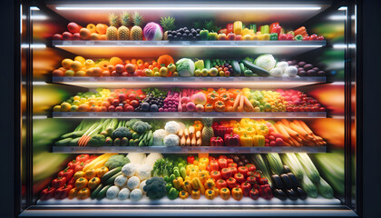 Fresh fruits and vegetables on supermarket refrigerated shelves. - obrazy, fototapety, plakaty