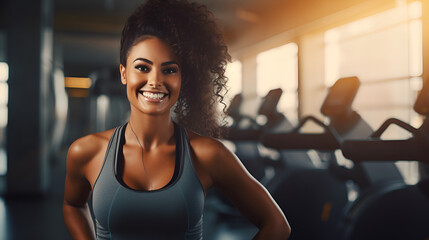 African American woman  fitness trainer smiling and looking at the camera on the background of the...