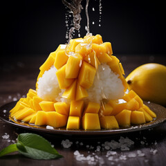 Mango sticky rice in a Thai dessert dish,Thai food