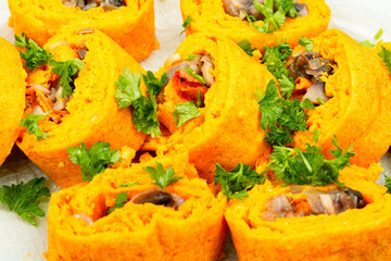 Pumpkin rolls, pie with mushrooms