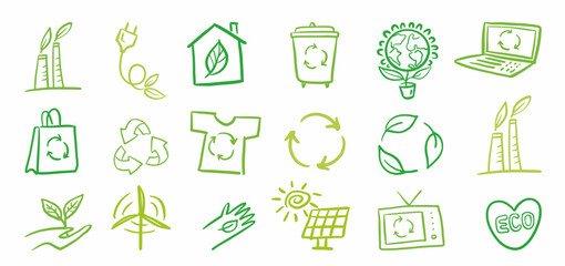 A collection of vector environmental symbols hand-drawn in the style of doodles - obrazy, fototapety, plakaty