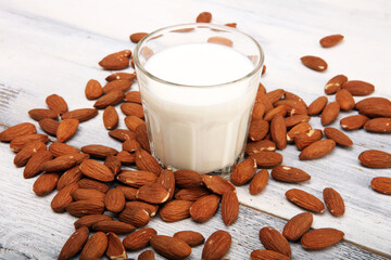Alternative types of milks. Vegan substitute dairy milk. almond