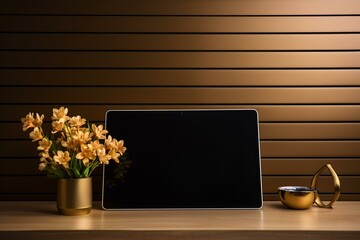 Perspective view of a modern computer monitor on a dark office table with a blank space, notebook, flower, coffee pot against a golden slatted decorative wall panel background. Generative AI - obrazy, fototapety, plakaty