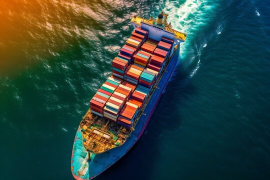 Bird’s eye view of cargo ship transporting containers for international trade, logistics, and supply chain. Generative AI