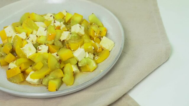A dietary dish made from zucchini and feta cheese. Close-up. View from above. Keto diet.