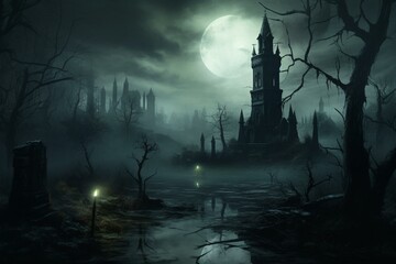 An eerie tower stands amidst a murky swamp, emanating a spooky atmosphere of haunting mystery. Generative AI