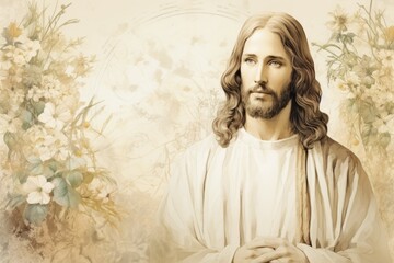 Jesus Christ in illustration style. Religious concept with selective focus and copy space