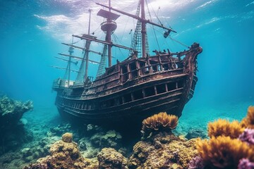 Ship wreck in the sea. Pirate boat under the ocean illustration. AI generative. - obrazy, fototapety, plakaty