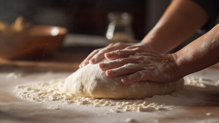 Fototapeta premium Close up of hand kneading the dough on the table in the kitchen