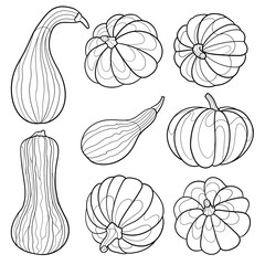 Set of hand-drawn outline pumpkins. For coloring pages, menu, greeting cards, banners, poster design, educational books