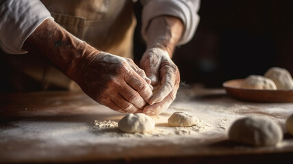 Close up of hand kneading the dough on the table in the kitchen - obrazy, fototapety, plakaty