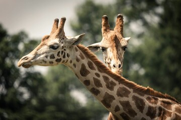 Two giraffes standing in close proximity to each other in front of a backdrop of trees.