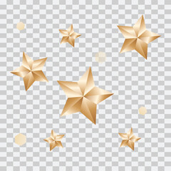 Realistic golden stars. metal luxury awards. Shiny gold marks and review symbols. Metallic badges set of best quality or victory. Yellow pentagram.  Vector decoration